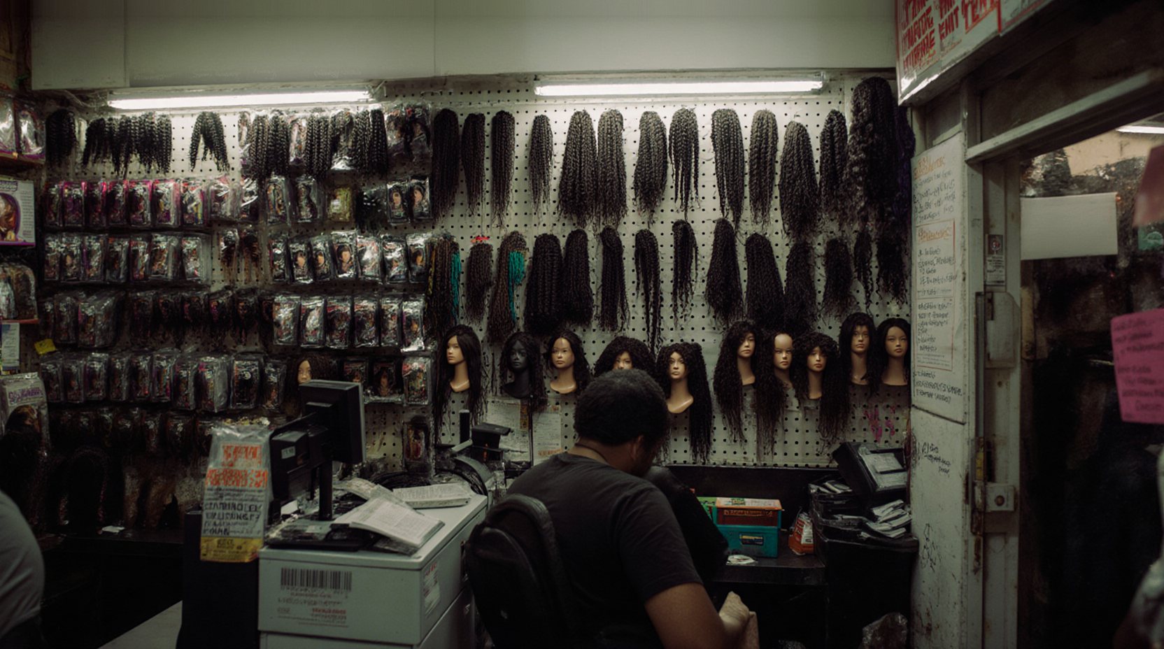 A dim beauty supply counter, a clerk at the register below a pegboard wall of hanging braiding hair, packaged hair and wigs on mannequin heads