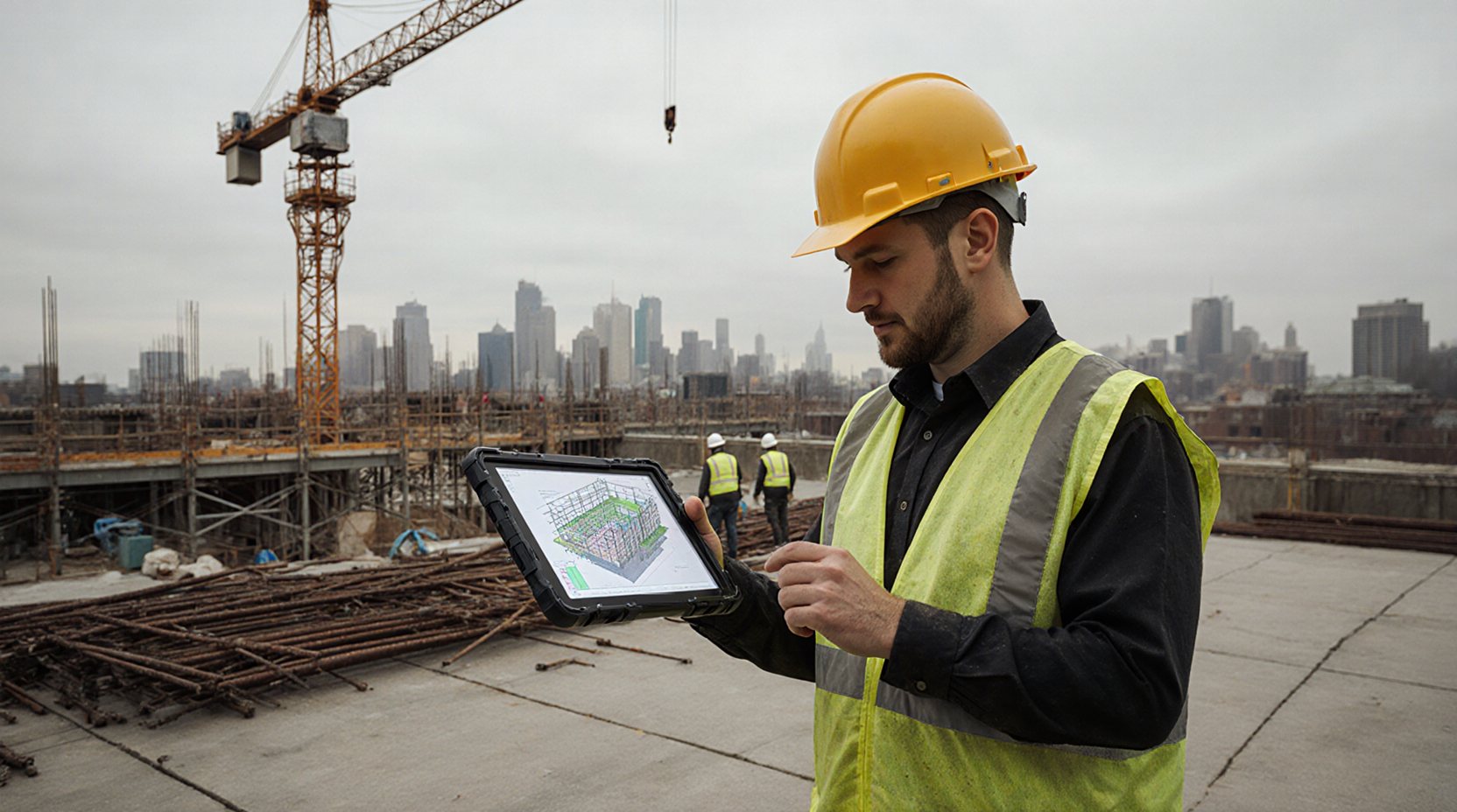 A foreman in a hard hat and vest on a Brooklyn slab holds a tablet showing the building's 3D model, a tower crane behind him and the skyline in the distance
