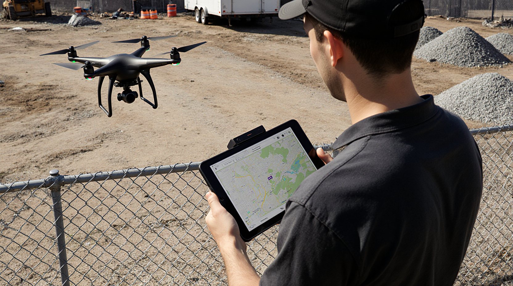 A drone operator in a cap stands at a chain-link fence holding a tablet with a map on screen, while a quadcopter hovers over the dirt lot, gravel piles to the right and a trailer behind