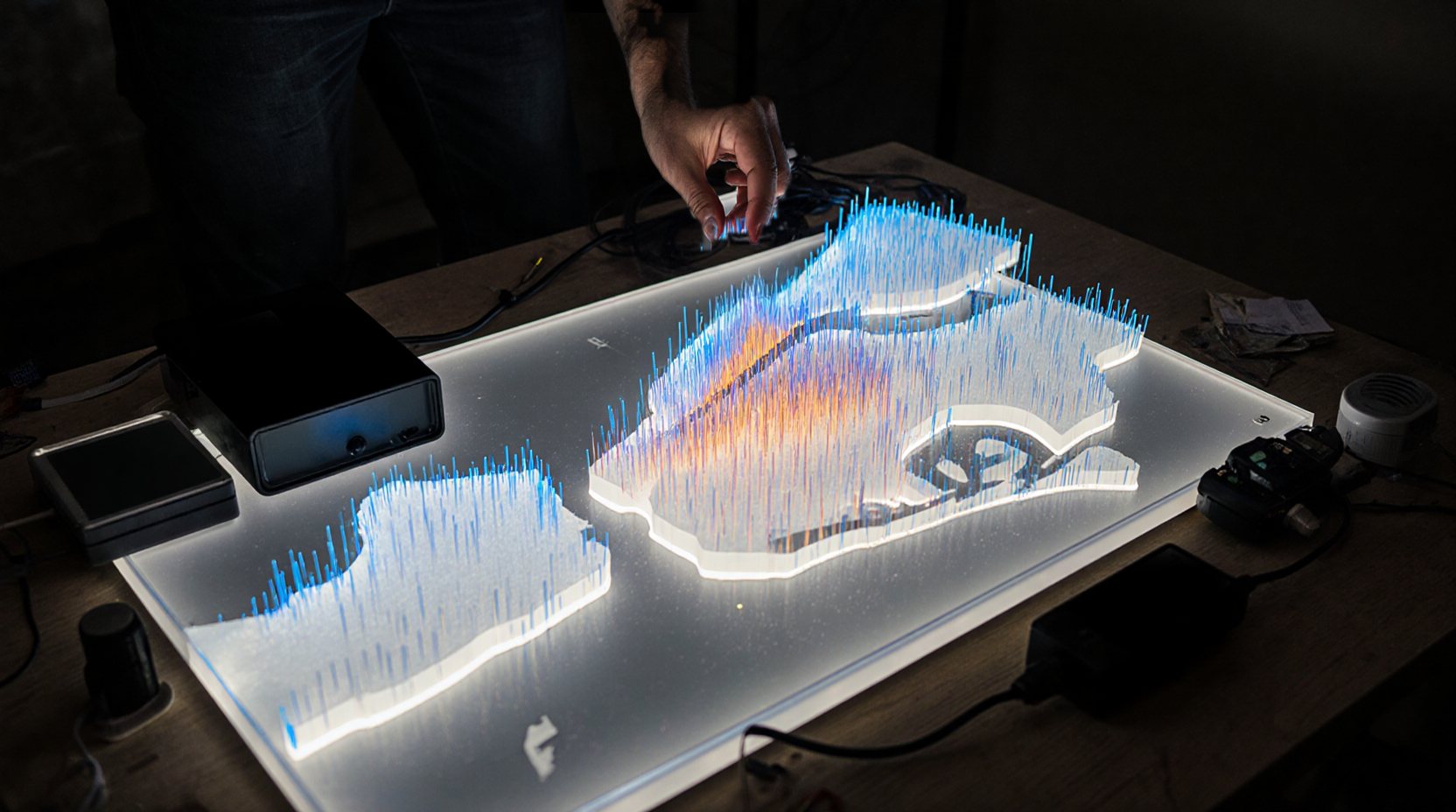 A frosted relief map of New York lit from below, dense upright fiber threads glowing blue with an orange band through the middle, a hand reaching in above them
