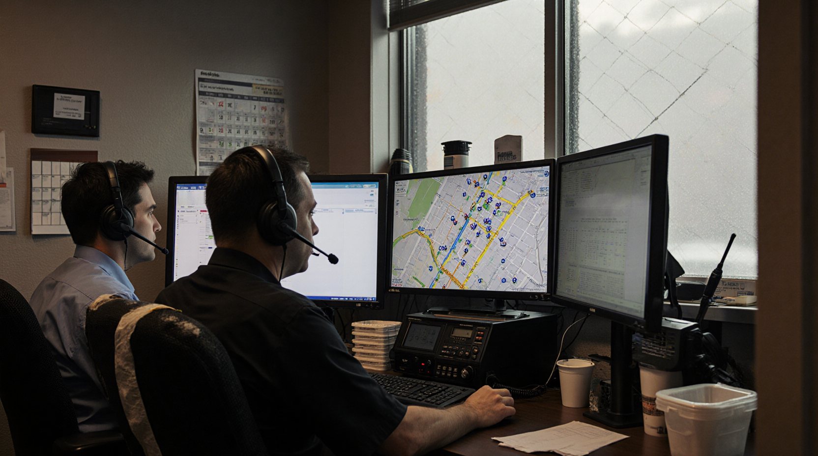 Two dispatchers with headsets in a base office on an overcast day, monitors showing a live map of cars beside a radio console