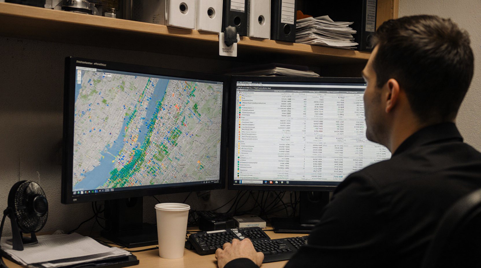 A base manager at a desk studies a heat map of New York and a table of trips on two monitors