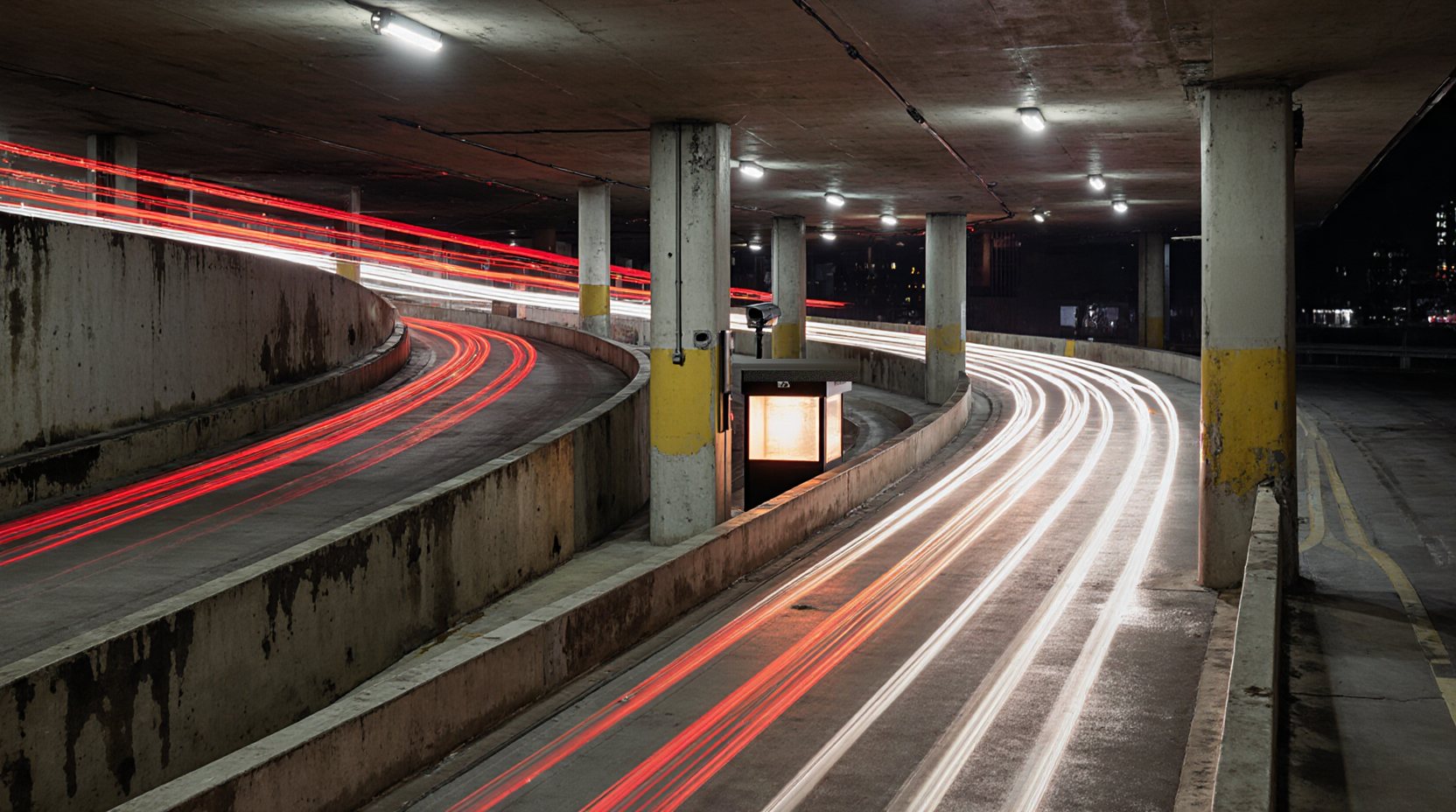 A parking garage at night in a long exposure, red and white light trails curving down the ramp past the lit booth and its camera