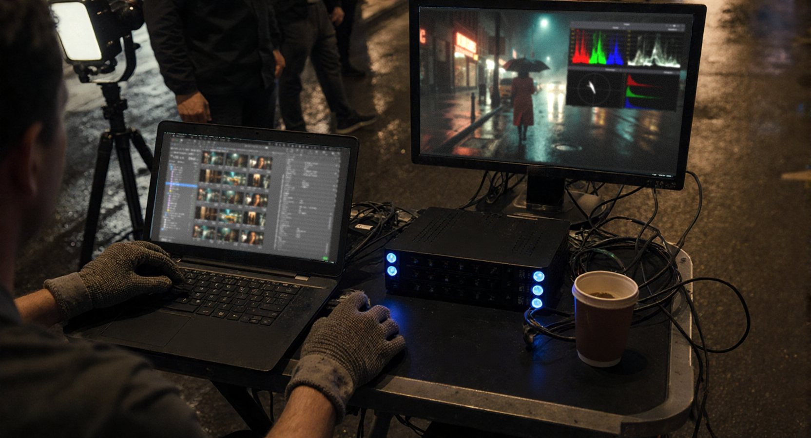 A DIT cart at night: a laptop with offload progress, scopes on a monitor, a RAID with blue lights, gloved hands