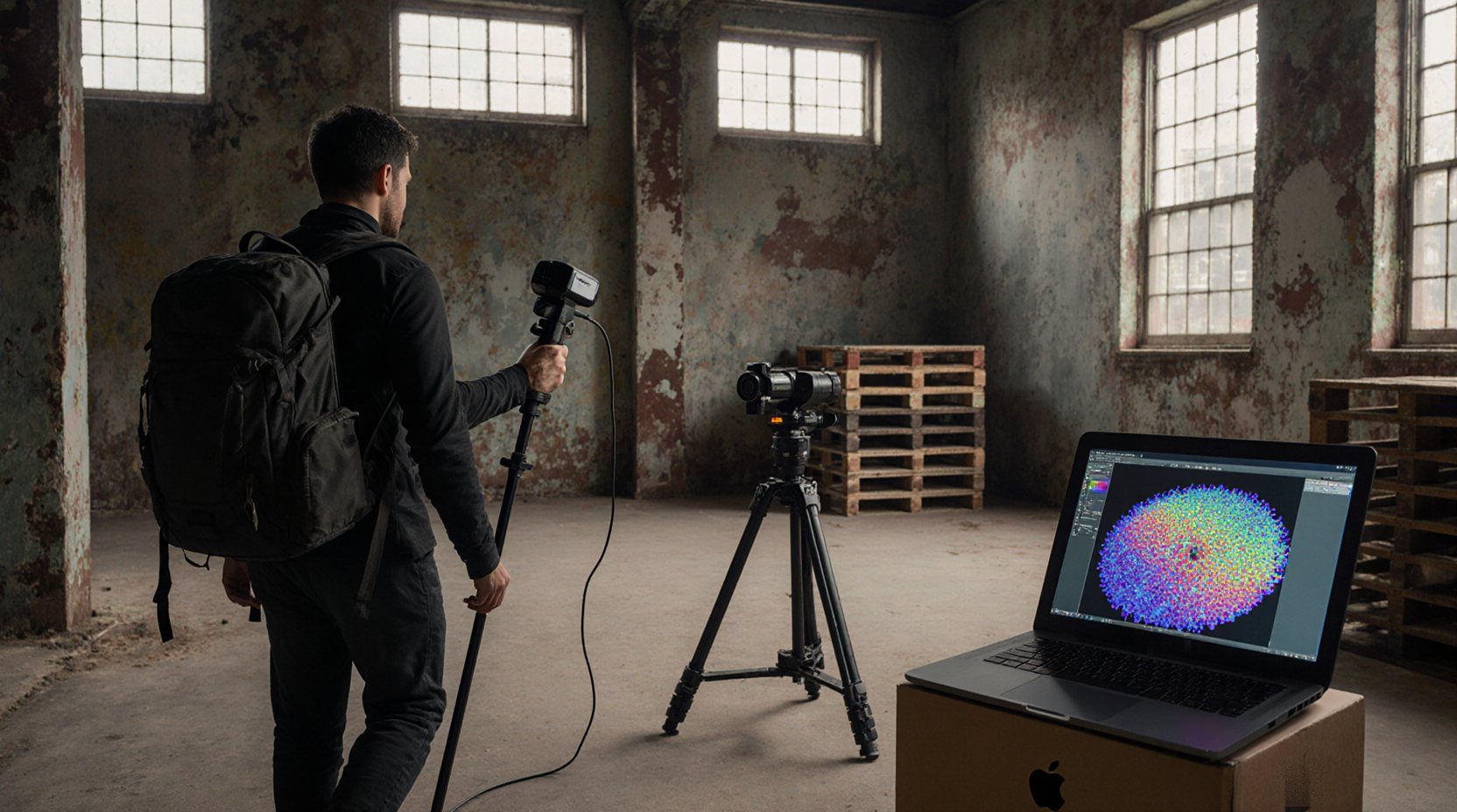 A technician scanning an old Brooklyn warehouse location with a handheld LiDAR scanner; the point cloud on a laptop