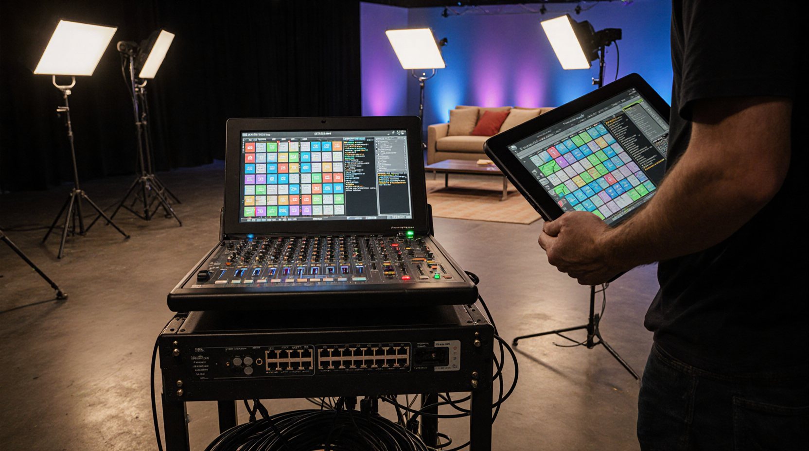 A lighting programmer with a console and tablet beside a network rack, LED fixtures lighting a living room set