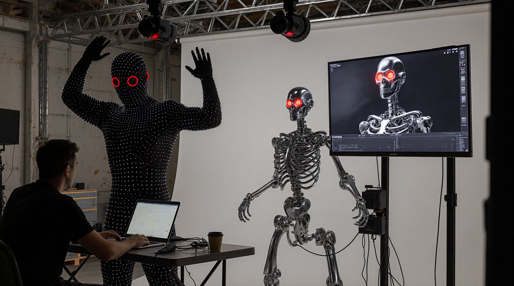 A performer in a motion capture suit beside his chrome robot double, shown live on a monitor and full-size on the stage