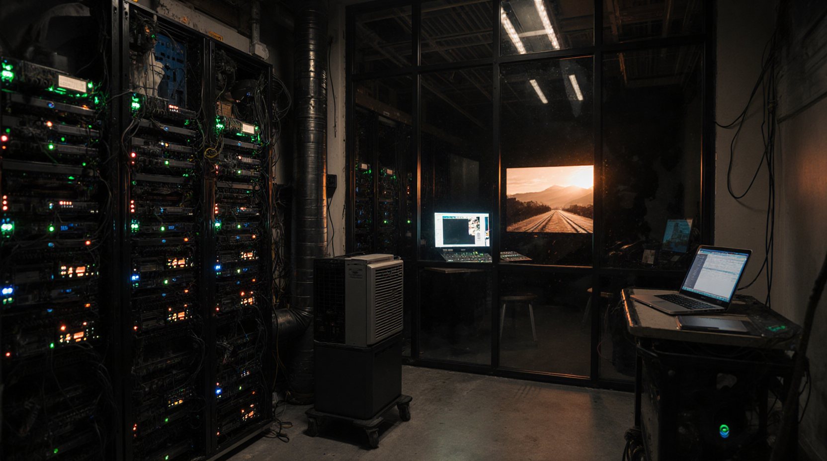 A post-production machine room with server racks, a portable air conditioner, and a color suite glowing through glass