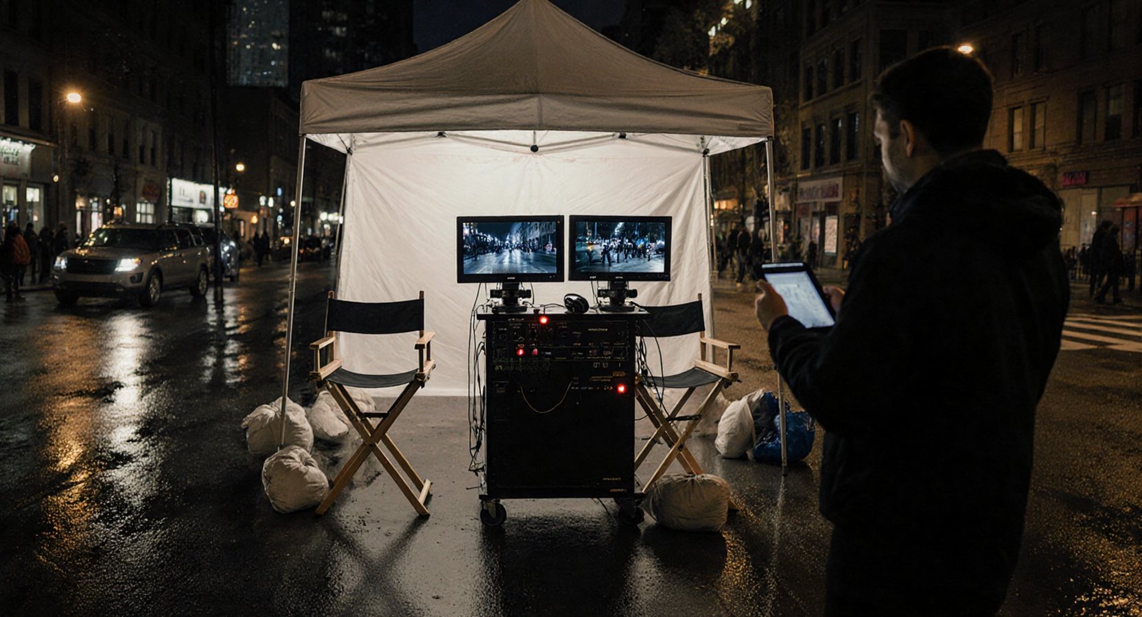Video village on a wet New York street at night: monitors on a cart under a tent, a producer watching on a tablet