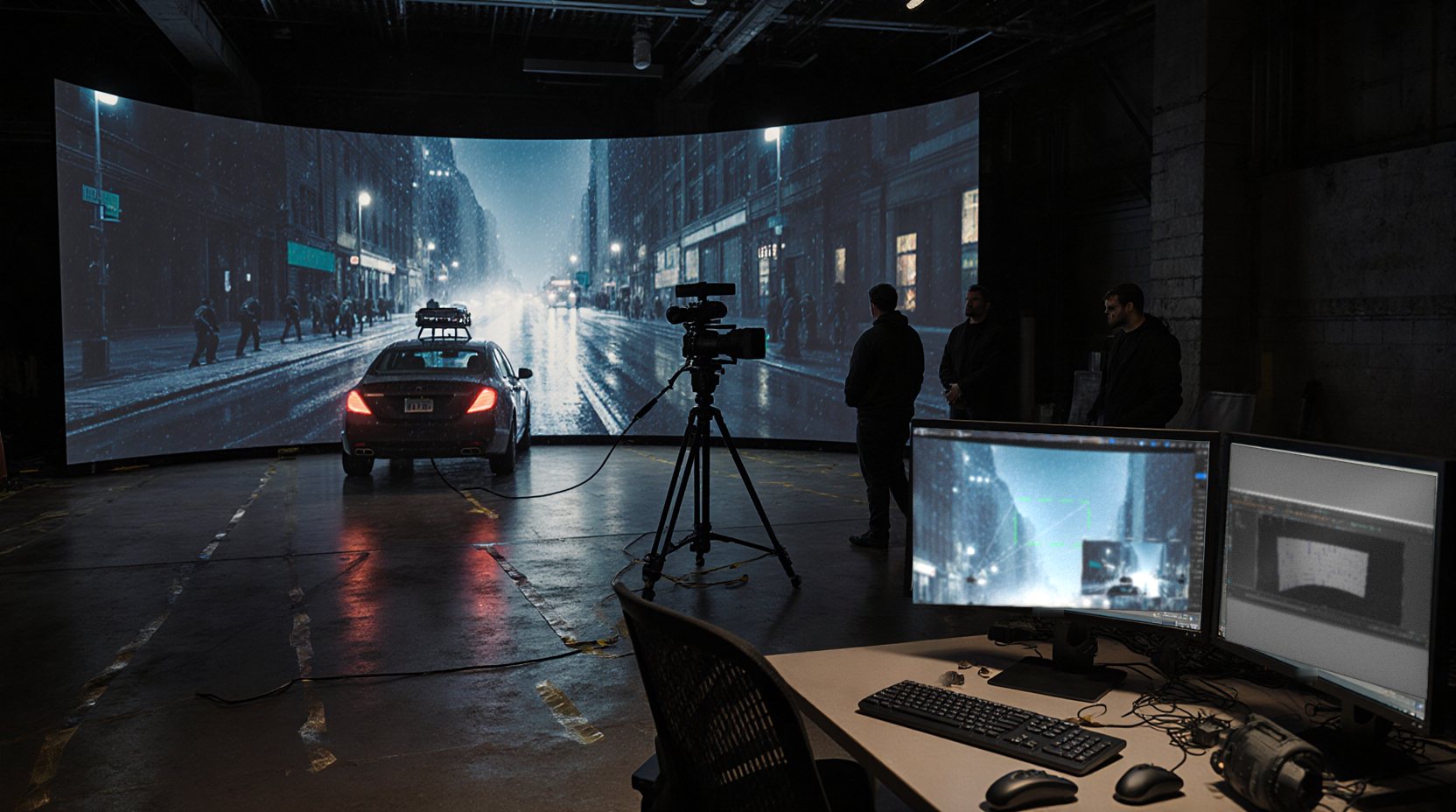 A curved LED wall showing a rainy New York street, a car in front, a tracked camera, and an operator desk with the scene in wireframe
