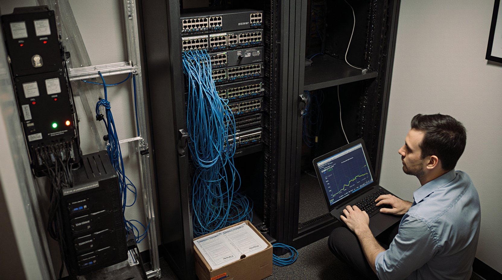 A technician kneels with a laptop showing monitoring graphs beside an open floor-standing network rack spilling tangled blue cables