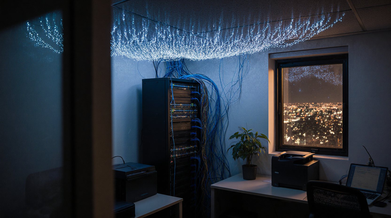 A small office at night, blue cables rising from the network rack in the corner into a ceiling of glowing threads, city lights in the window