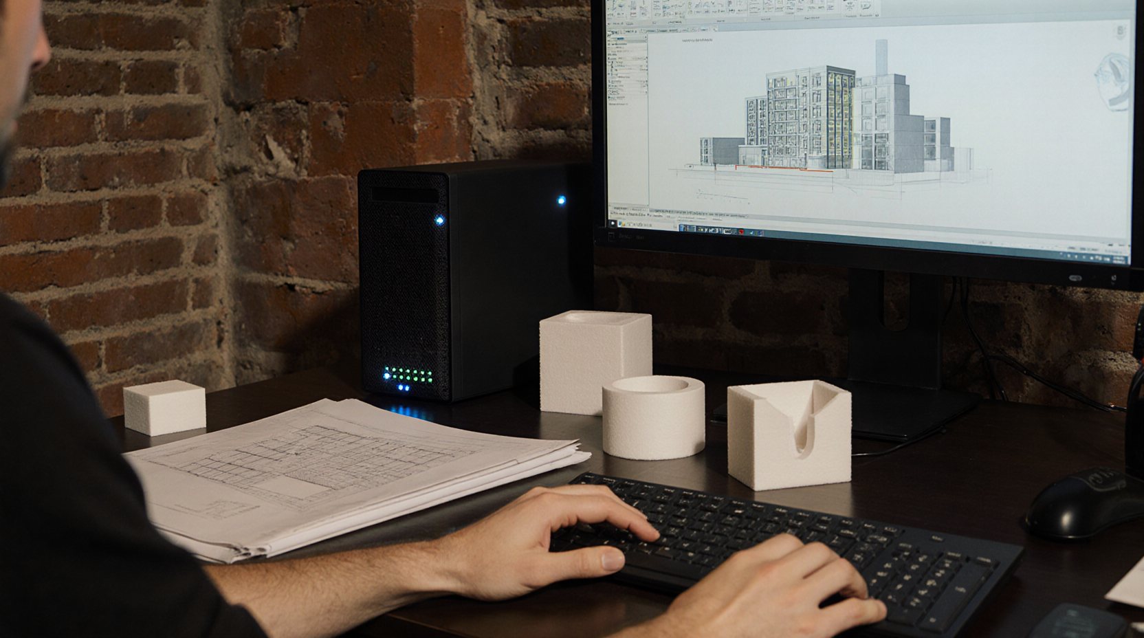An architect at a large monitor showing a 3D building model, a small server glowing on the desk beside it, foam massing models and drawings by the keyboard, exposed brick behind