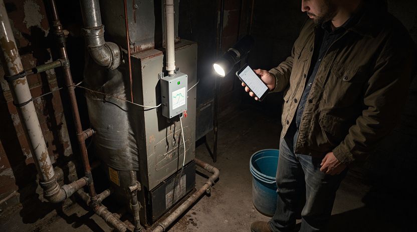 A boiler room, with the sensor box on the boiler and the reading checked on a phone
