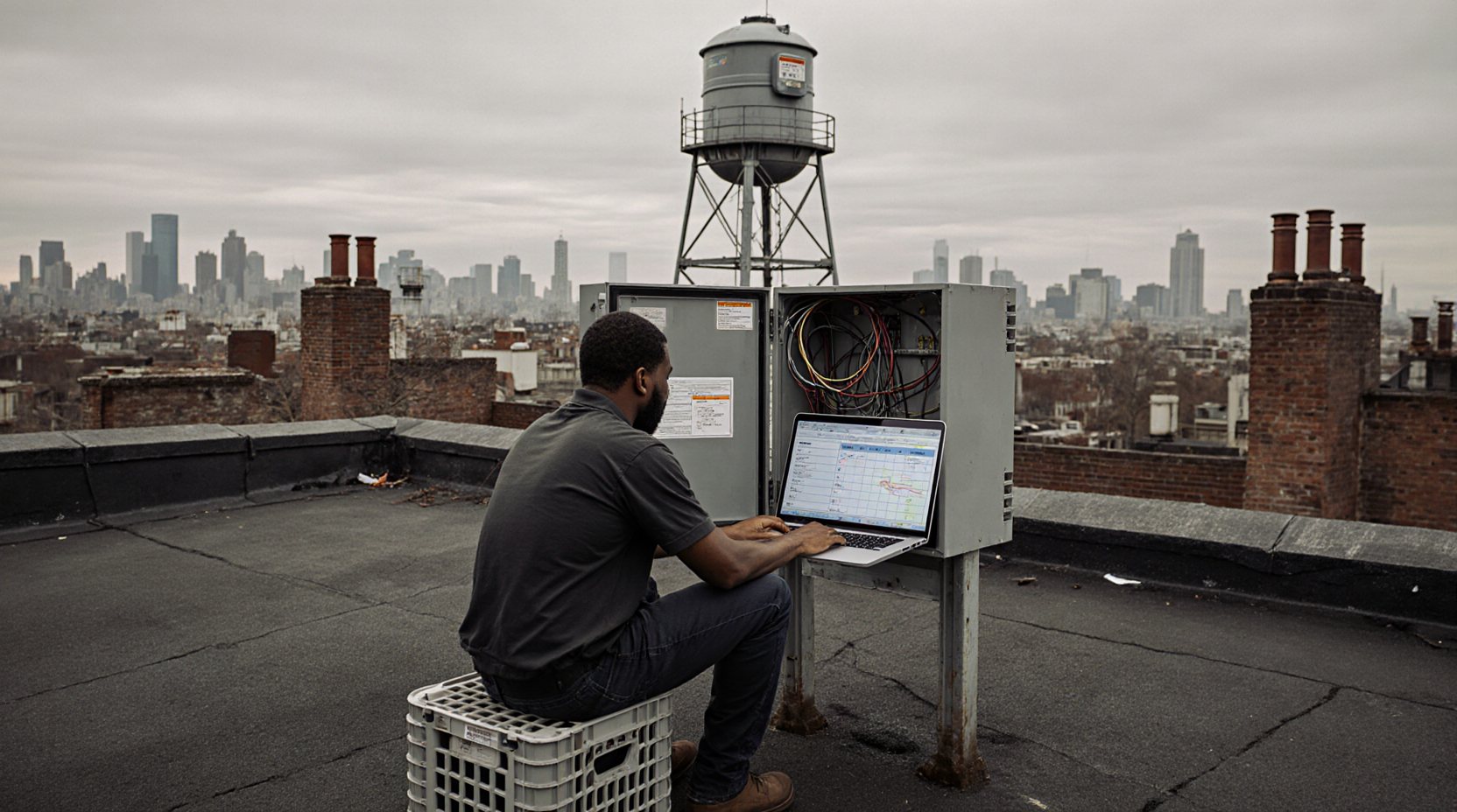 A technician on a plastic crate works on a laptop at an open electrical cabinet full of wiring, on an overcast rooftop with a steel water tower, brick chimneys and a hazy skyline behind