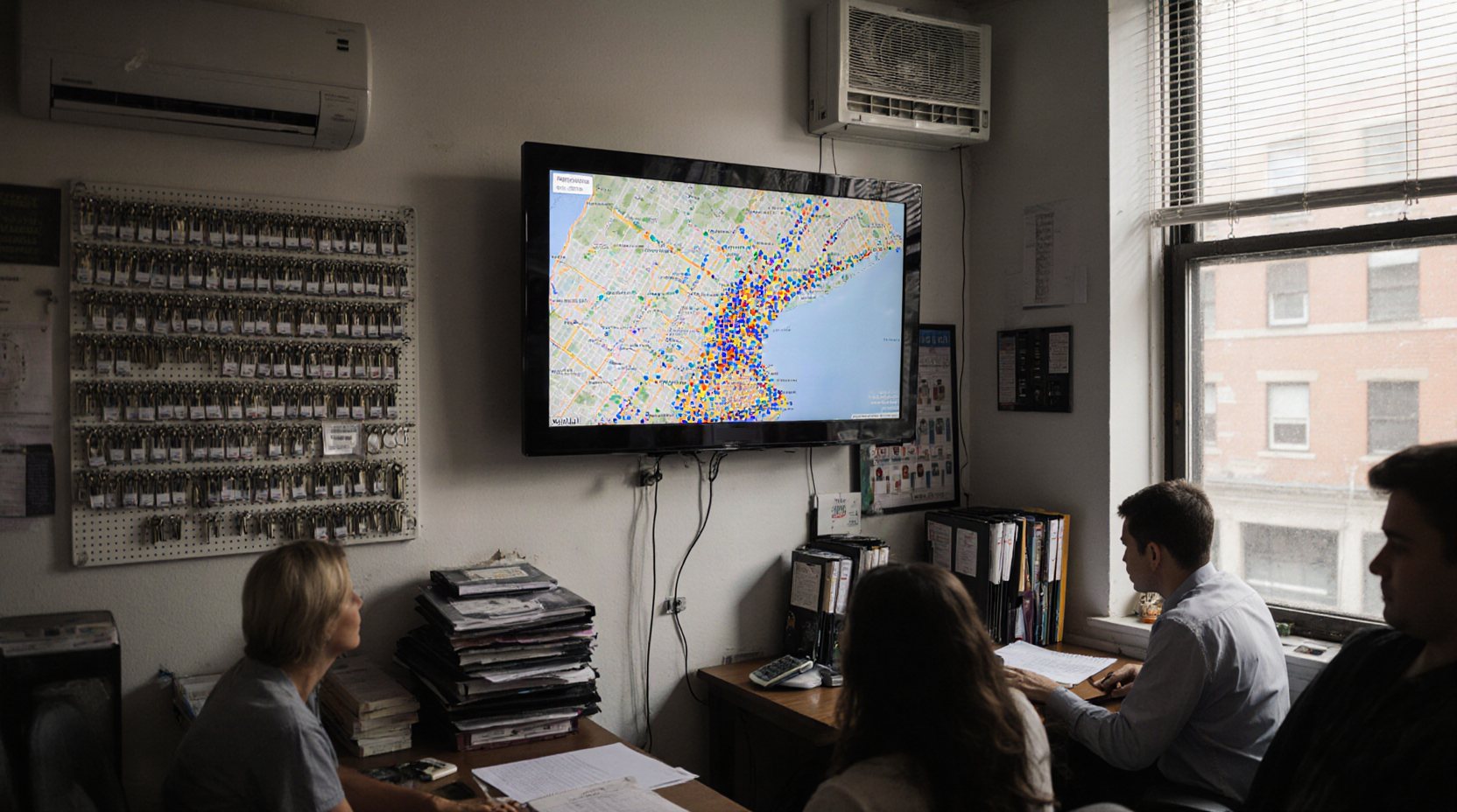 Four people in a small property management office watch a wall screen showing a city map dense with colored markers, beside a pegboard of labeled keys and stacks of binders