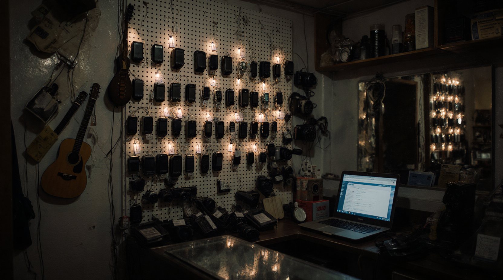 A secondhand shop at night: a pegboard wall of used phones and a few watches under small lit tags, cameras on its lower rows, guitars on the wall beside it and a laptop on the counter