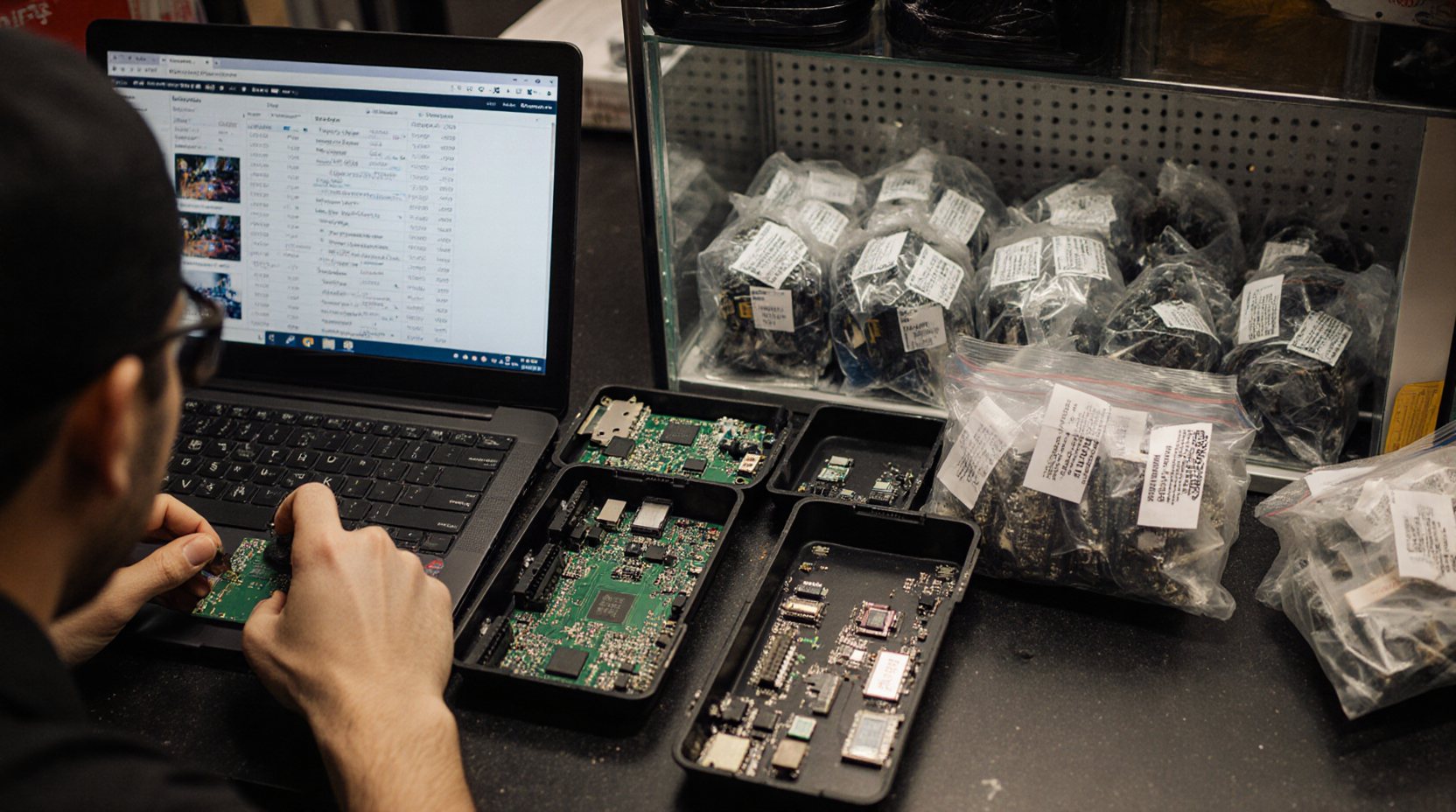A technician at the counter works on a circuit board over his laptop, which lists repair tickets with photos; more boards wait in trays beside it and labeled bags fill the glass case behind