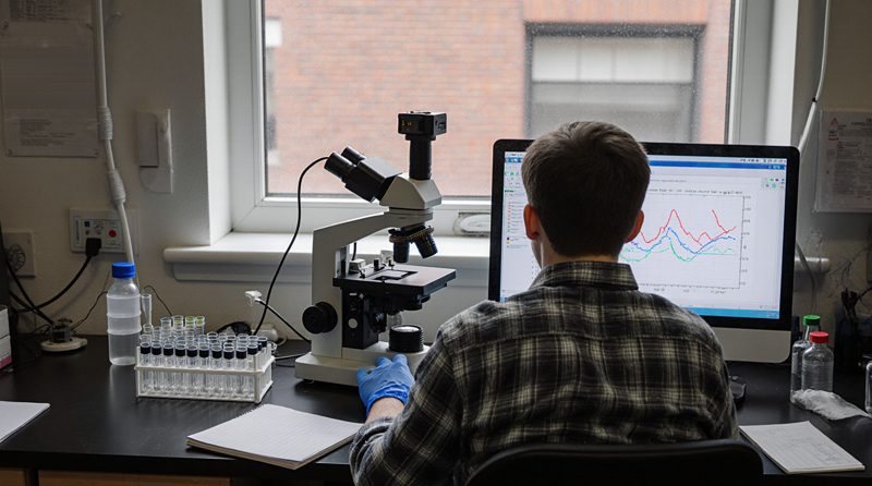 A researcher in a plaid shirt and blue gloves at a lab bench, his back to the camera, a microscope with a camera mounted on top beside a monitor plotting colored traces, a rack of tubes and a window onto a brick building