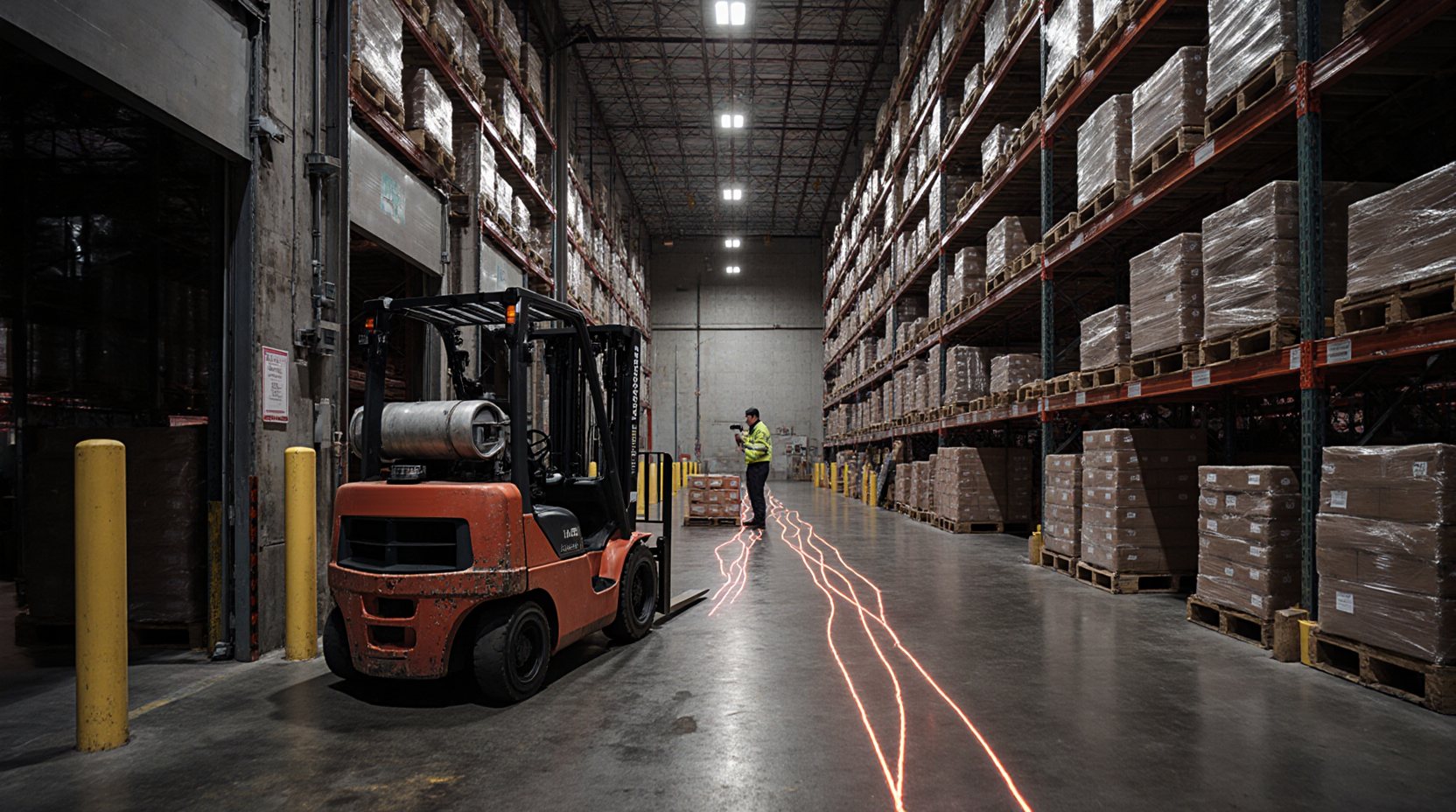 A warehouse aisle under high-bay lights: a forklift parked by the dock doors, one worker in a high-visibility jacket with a handheld scanner beside a pallet of cases, and glowing trails on the floor leading up the aisle to him