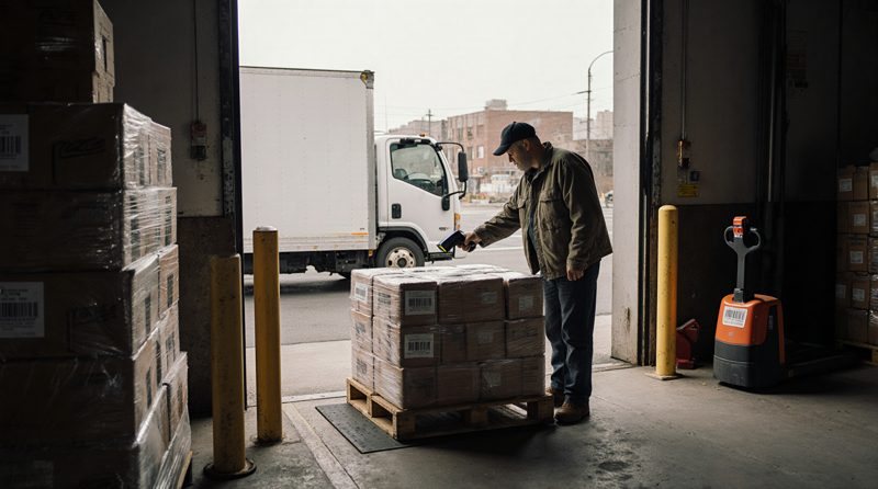 A receiver in a cap and work jacket scans a shrink-wrapped pallet of cartons at an open dock door, a box truck backed up outside, yellow bollards and an electric pallet jack beside him