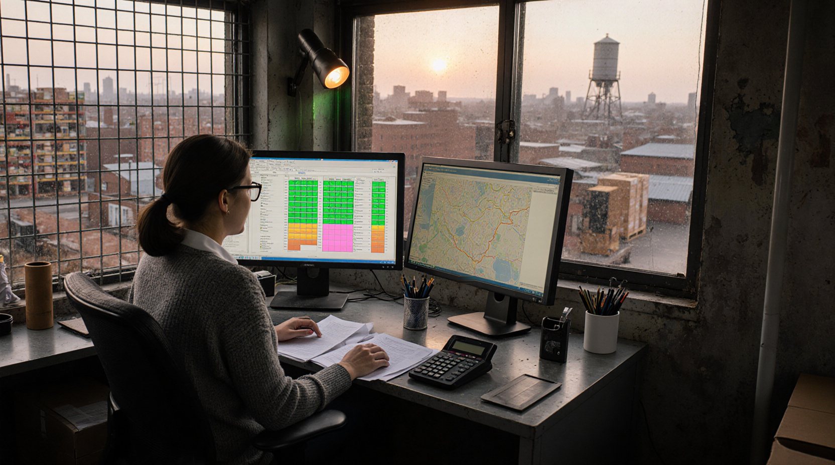 A woman in glasses works at two monitors, a spreadsheet of green, orange and pink cells on one and a street map with a route traced in red on the other; printouts and a calculator are on the desk, and a water tower rises over the rooftops outside the window